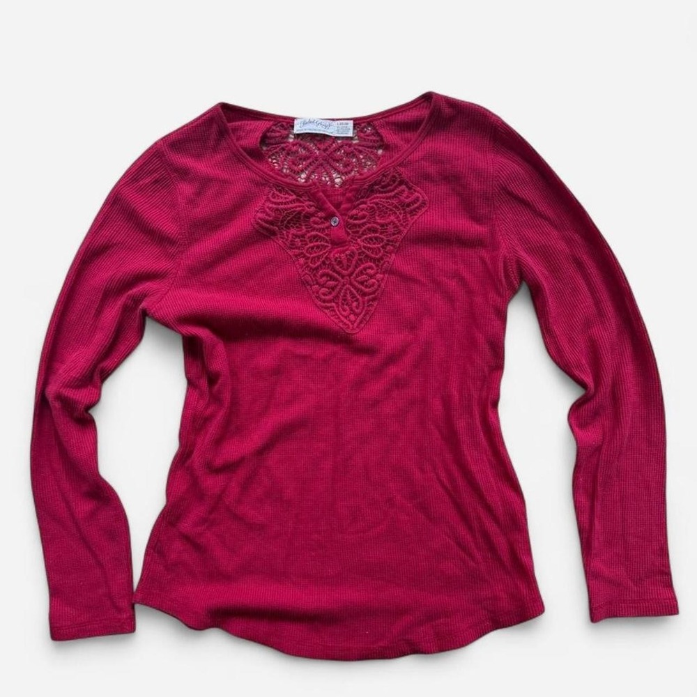 Faded Glory Magenta Red Ribbed Lace Long Sleeve Top L